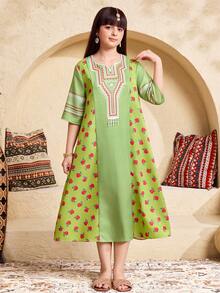 SHEIN Tween Girl Green Floral Print Retro Embroidery A-Line Maxi Vacation Dress,Autumn Boho Holiday Robe,Suitable For Festivals & Special Occasions,Jalabiya - Green - View 6