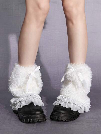 ROMWE Kawaii 1 Pair Cute & Sweet Solid Color Lace Trim Plush Leg Warmers For Women, Romantic Bow Design, Suitable For Dates, Shopping, School, Warm & Fashionable