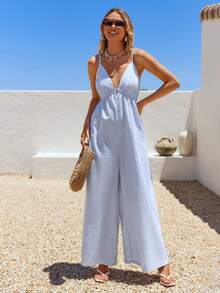 Vivid Eden 女士V领宽松阔腿连体裤，条纹款，休闲户外度假春夏装 - 藍白色 - 查看 8