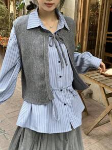 DAZY Blusa casual y formal de manga larga con cuello vuelto, cintura ceñida y estampado de rayas para mujer, primavera/otoño - Azul - Ver 5