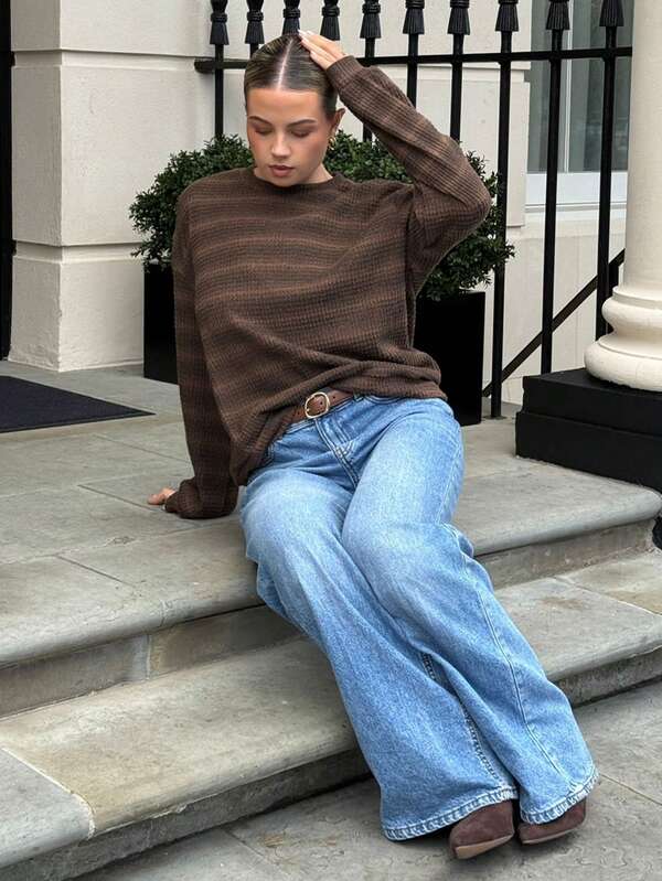 Bethéva Oversized Crew Neck Striped Jumper Spring Casual Y2k 90's Stripe Oversized Airport Fall Winter Christmas Work Office Autumn   Thanksgiving Chic
