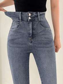 DAZY 女士高腰双层紧身牛仔裤 - 藍色 - 查看 1