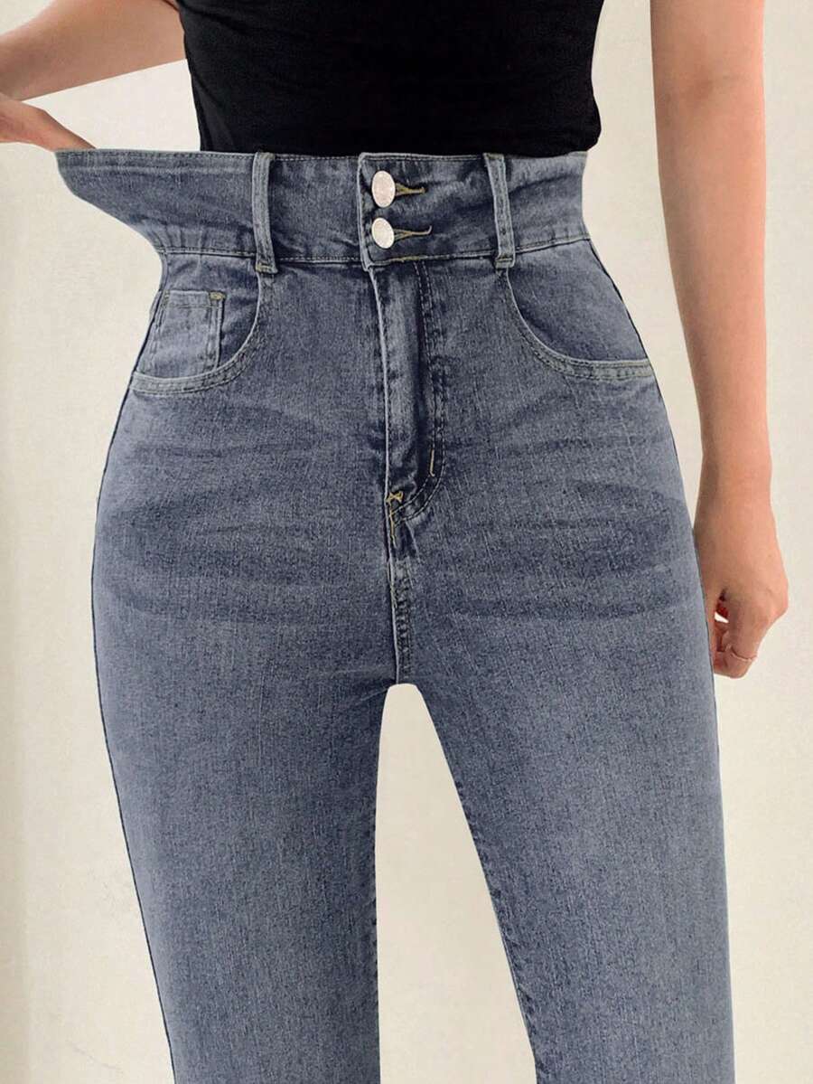 DAZY 女士高腰双层紧身牛仔裤 - 藍色 - 查看 1