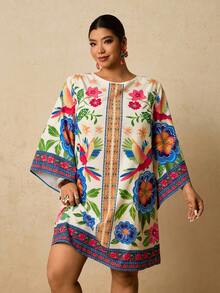 Travachic 大码女式紫红色热带花卉印花连衣裙，中长袖连衣裙，秋季连衣裙，大码圆领短款连衣裙，露背系带连衣裙，罩衫连衣裙 - 彩色 - 查看 3