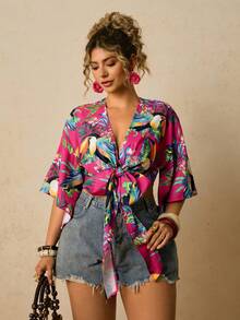 Travachic Bluzka damska w dużym rozmiarze na wakacje, tkana z przodu, wiązana z przodu, na festiwal rave, casualowe koszule damskie, krótki top, hawajska koszula, letnia bluzka - Wielokolorowe - Zobacz 4