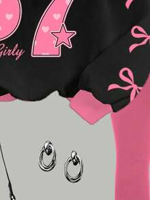 2 pezzi/set Felpa girocollo e leggings casual chic per ragazze pre-adolescenti, con grafica numerica 67 e fiocco, colori rosa e nero, maniche lunghe, abbigliamento comodo da strada, punk, stili caldi e accoglienti per l'autunno e l'inverno, vestiti in stile Y2K - Multicolore - Visualizzare 6
