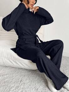EURMUSE 女式纯色高领长袖系带毛衣和针织裤休闲两件套，秋冬 - 藏蓝色 - 查看 3