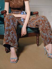 Anewsta 高腰阔腿牛仔裤，植绒提花设计，宽松显瘦直筒裤型，女士秋季款 - 彩色 - 查看 1