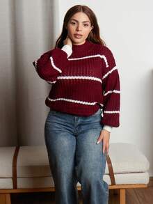 Lupita Cardoza Maglia a collo alto a righe con spalla scivolata, manica lunga - Bordò - Visualizzare 3