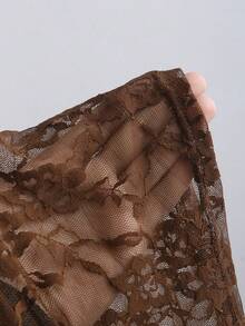 Sweetra Casual Lace Trim Sheer Drawstring Blouse, Sexy Street Style, Spring/Summer - Brown - View 4