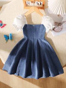 Tween Girls Medium Wash Jean Dress With Shirred Square Neck And Flared Hem Puff Sleeves - Medium Wash - View 2