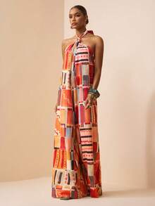 Zivah 2026春夏新款音乐节、复活节、母亲节、婚礼季、婚礼宾客、生日派对、日常休闲穿着、百搭基础款、休闲、邮轮旅行、海滩、日光浴、爆款、街头风、优雅、休闲、露背吊带、性感露背、扭结超宽松阔腿裤、多色格子复古印花女士连体裤 - 彩色 - 查看 4