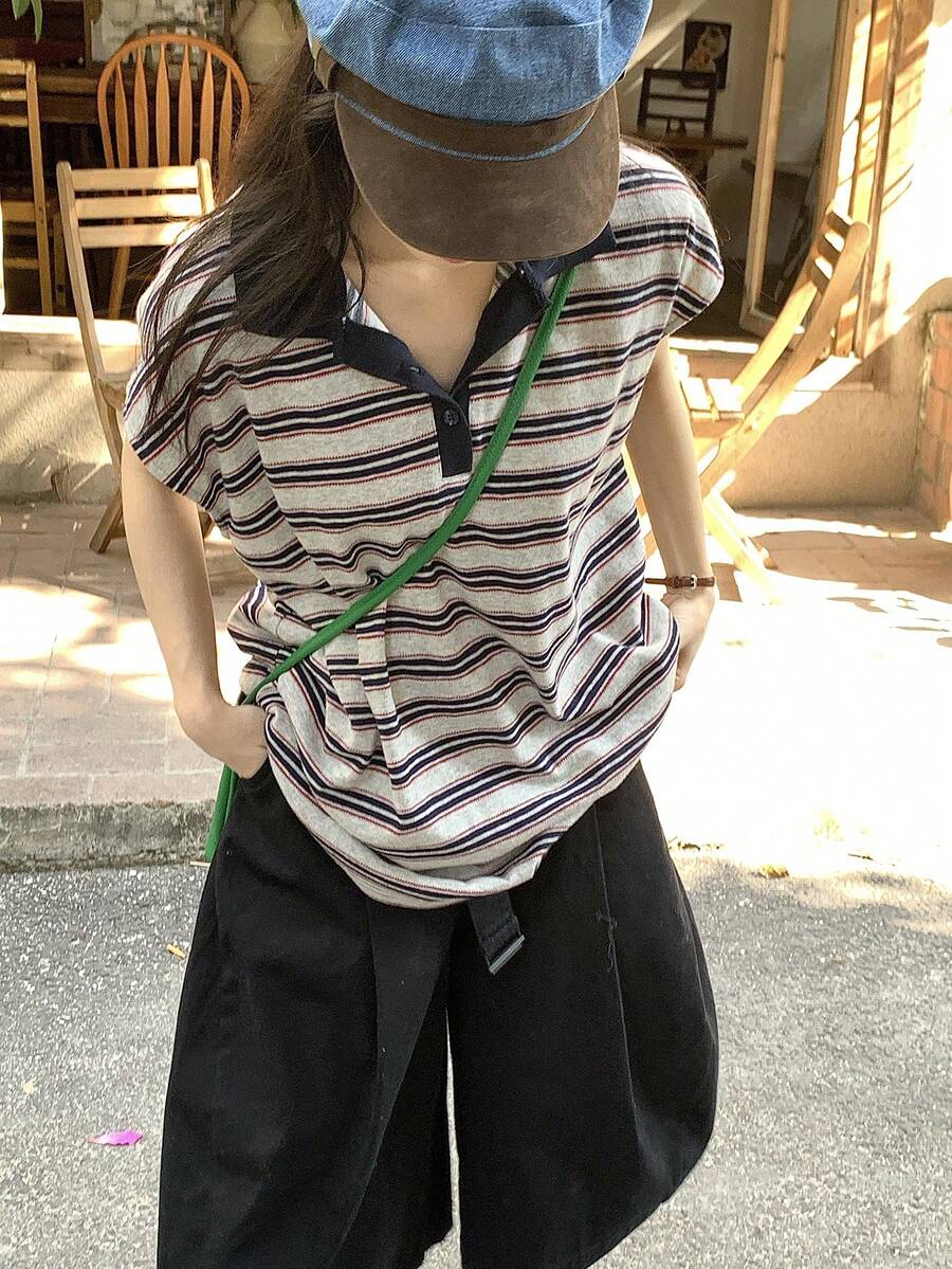 DAZY Women's Loose Striped Polo Collar Cap Sleeve T-Shirt - Blue - View 1