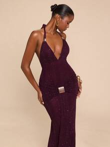 SHEIN BAE 纯色梅紫色露背紧身优雅超长连衣裙，正面金属扣装饰，适合派对、夜店、鸡尾酒会、宴会、夜生活、舞会等场合。 - 紫色 - 查看 4