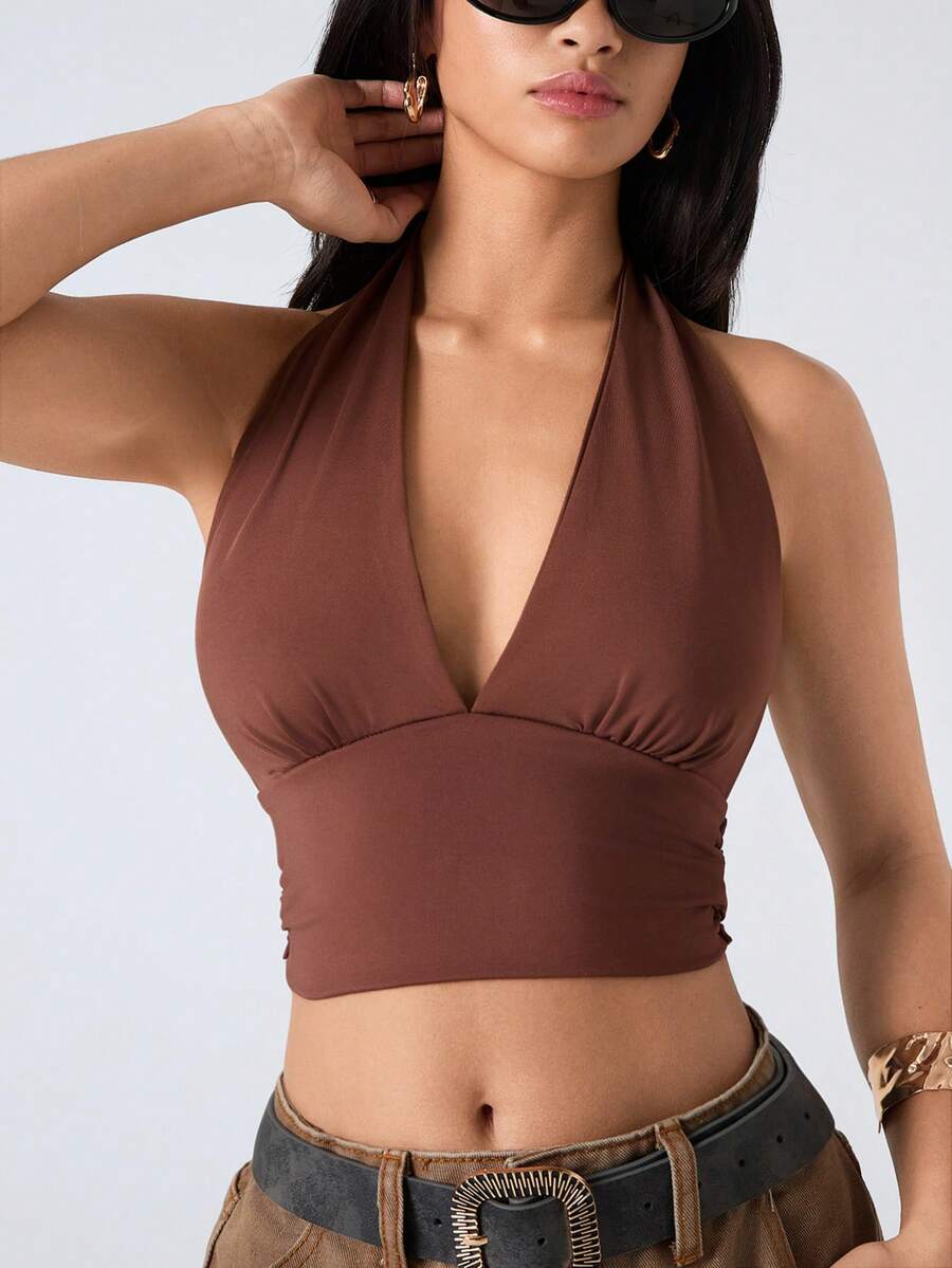 LYSMO Solid Backless Crop Halter Top - Chocolate Brown - View 1