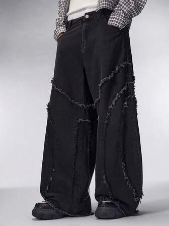 Herren modische lässige Straßen-Jeans mit ausgefranstem Saum, weiter Passform und schrägen Taschen