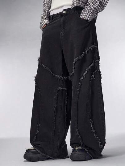 Jeans vaqueros casuales y de moda para hombre con bolsillos en diagonal, ajuste holgado y dobladillo deshilachado