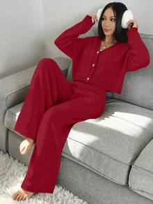 SHEIN EZwear 两件套女士休闲毛衣套装，适合秋冬季节，开衫和针织裤套装，安哥拉红 - 酒紅色 - 查看 6