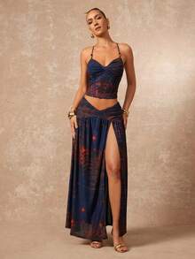 Lumalex 扎染豹纹撞色网纱串珠吊带低腰超高开衩长裙两件套（女款） - 彩色 - 查看 12