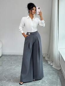 Modelyn Women's Solid Color Wide Leg Pants, Suitable For Commuting - Light Grey - View 2