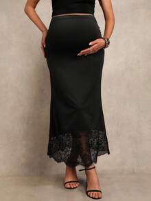 MaterniChic Maternity Elegant Lace Patchwork Skirt  Party - Black - View 4