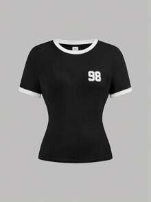 SHEIN Girlism Tee-shirt ajusté à col rond et manches courtes pour adolescentes, doux et mode, avec imprimé numérique et lettres en couleurs contrastées. Décontracté, sportif, streetwear, preppy, rentrée scolaire - Noir - Voir 5