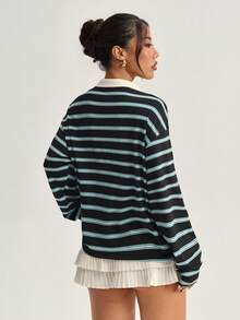 Dewbera Women's Striped V-Neck Loose Fit Long Sleeve Polo Shirt, Casual Sports Wear For Daily, All Season 70s Outfit Women Jumper For Woman Casual Tops Women Women's Golf Tops Double Lined Top Long Sleeve Tops Loose Tops - Multicolor - View 2