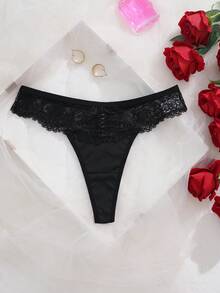 SHEIN Sexy Lace Patchwork Women Thong Lingerie - Black - View 6