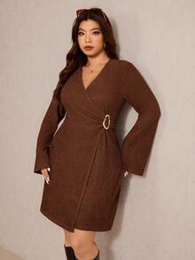 Elaquor Plus Size Solid Color Wrap Dress, Suitable For Commuting Plus Size Brown Dress - Coffee Brown - View 6