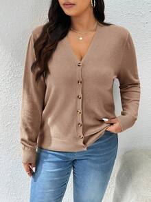 CosyJoli 秋冬大码女式休闲宽松纯色纽扣长袖开衫 - 駝色 - 查看 12
