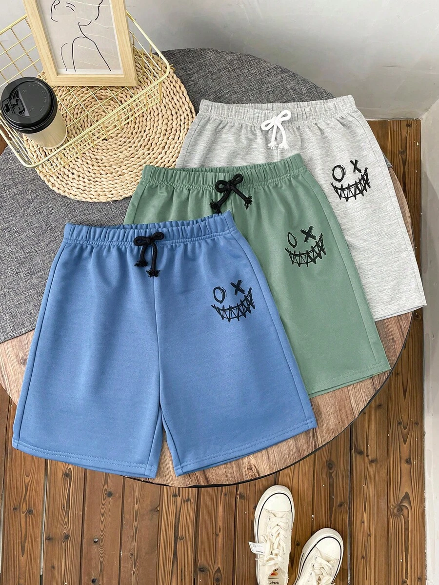 SHEIN 3件套 青少年男童度假学院风印花宽松直筒针织短裤,3种颜色 - 彩色 - 查看 1