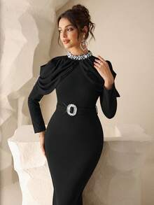 Coutiva Women's Elegant Crystal Embellished Formal Evening Gown,Black High Neck Rhinestone Collar Long Sleeve Maxi Dress For Wedding Guest,Gala & Party - Black - View 7