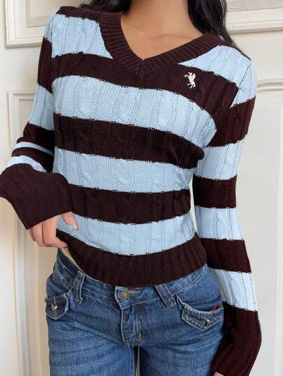 SHEIN EZwear Women's Casual Brown Color-Blocked Blue Striped Embroidered Sweater, Autumn/Winter School Uniform, Winter