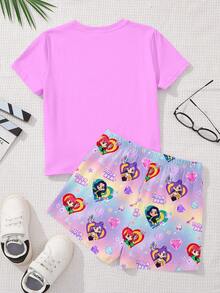 少女返校卡通女孩肖像，亮紫色，K-Pop 超级明星，少女休闲简约短袖上衣和短裤两件套，适合夏季、返校季、2000 年代风格、Y2K 服装、韩式风格、秋季服装、返校节服装 - 彩色 - 查看 3