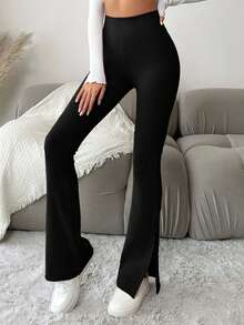 EURMUSE Women's Solid Color High Waist Flared Casual Leggings - Black - View 5