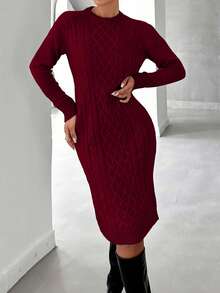 EURMUSE Women's Textured Round Neck Long Sleeve Fitted Knit Dress,Petite - Burgundy - View 6