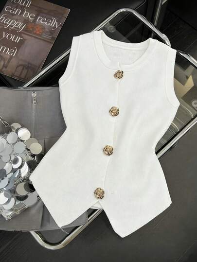 Resyla Blusa sin mangas de punto con decoración floral de metal elegante para mujer, unicolor minimalista, para verano