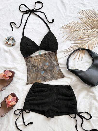 Soleia 女士复古度假风V领露背系带修身撞色上衣搭配低腰褶皱抽绳短裤两件套，适合派对、圣诞节、约会、夜店、海滩、邮轮、下午茶、波西米亚风、度假、秋季等场合。