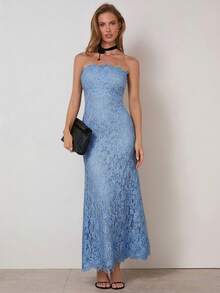 COSMINA Women's Elegant Lace Mermaid Hem Dress,Long Blue Dress,Summer Dress,Wedding Guest Dress Women - Baby Blue - View 1