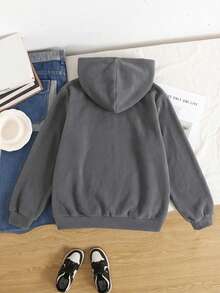 SHEIN Tween Girls' Loose Casual Hooded Cardigan Jacket, Suitable For Autumn/Winter Everyday Wear Essentials Hoodie - Light Grey - View 4