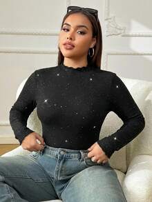 SHEIN EZwear Áo thun tay dài cổ bèo nhún màu đen cỡ lớn dành cho nữ, đa năng cho mùa thu/đông - màu đen - Xem 3