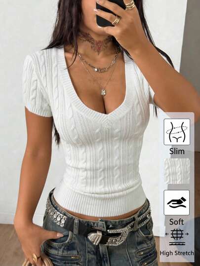 INAWLY Sexy V-Neck White Short Sleeve Fitted Knit Top