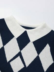 SHEIN Franclia Stylish Ladies Regular Length Argyle Pattern Sweater Featuring A Collar Neckline And Ribbed Hem Design - Multicolor - View 3