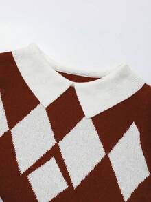SHEIN Franclia Blogger-Inspired Colorblock Diamond Pattern Turtleneck Lantern Sleeve Sweater - Multicolor - View 6