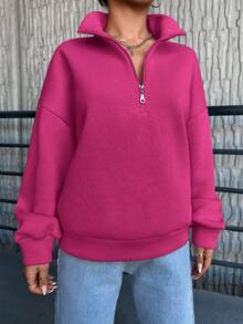 SHEIN Cottnline Women's Solid Color Drop Shoulder Front Zip Sweatshirt - Hot Pink - View 4