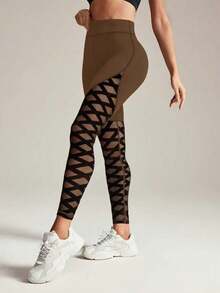 Slayform 女士几何网眼拼接高腰休闲健身紧身裤 - 棕色 - 查看 4