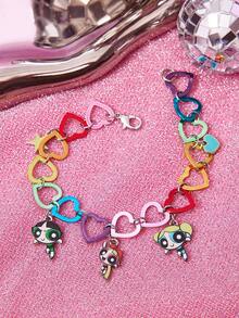 THE POWERPUFF GIRLS X SHEIN 1条时尚新款锌合金卡通图案印花彩色爱心手链，休闲可爱，适合派对、音乐会、节日等场合佩戴。 - 彩色 - 查看 4