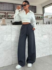 EURMUSE Wide Leg Elastic Waist Track Pants, Seam Design, Fall Clothes - Dark Grey - View 6