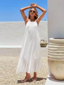 Vivid Eden 女士宽松休闲度假连衣裙，荷叶边下摆，露背设计，纹理面料，春夏款 - 白色 - 查看 9