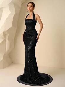 Coutiva Elegant Sequined Halter Neck Slim Fit Party Dress For Women,Luxury Sparkly Black Glitter Sequin Cocktail Birthday Graduation Wedding Guest Dress - Black - View 5
